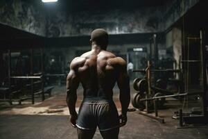 Back view of black bodybuilder in grunge gym . Generative AI. photo