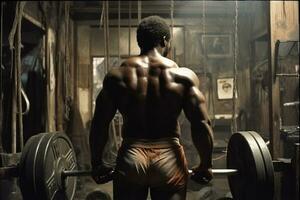 Back view of black bodybuilder in grunge gym . Generative AI. photo