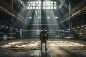 Back view of boxer training on the ring in a old gym. Generative AI photo