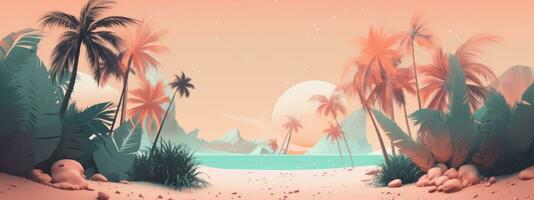 Beach background with coral, seashells and palm trees. Spectacular pastel color backdrops. Concept Banner for web. Generative AI. photo