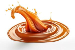 Liquid sweet melted caramel, delicious caramel sauce swirl splash on white background. Generative AI photo