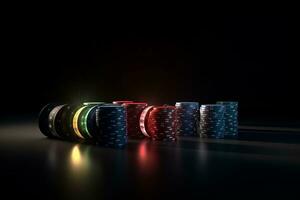 Casino poker chips illuminated by colored neon. Those who dont play dont risk. Ai generative photo