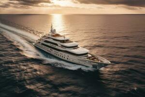 Front aerial view of super Yacht at the sunset. Generative AI photo