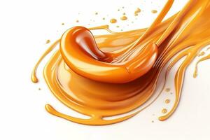 Liquid sweet melted caramel, delicious caramel sauce swirl splash on white background. Generative AI photo