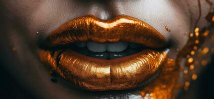 Close up of copper paint on the lips of a beautiful vampire woman with a little open mounth. Generative AI. photo