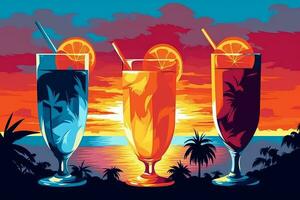 Vector Illustration of colorful cocktail at sunset. Generative AI photo