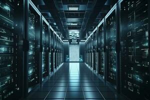 Server room of storage systems and connect of data on internet network business. Generative AI. photo