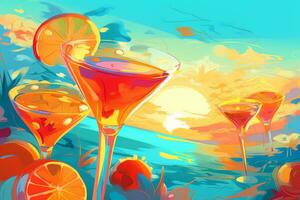 Vector Illustration of colorful cocktail at sunset. Generative AI photo