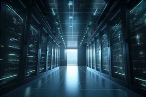 Server room of storage systems and connect of data on internet network business. Generative AI. photo