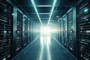 Server room of storage systems and connect of data on internet network business. Generative AI. photo