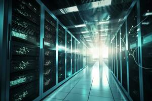 Server room of storage systems and connect of data on internet network business. Generative AI. photo