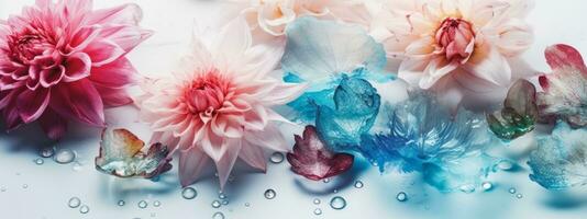 Watercolor illustration of colorful flowers on white background . Concept for banner and web. Generative AI photo