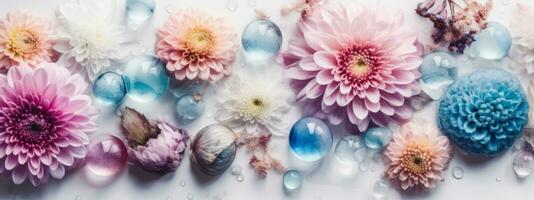 Watercolor illustration of colorful flowers on white background . Concept for banner and web. Generative AI photo