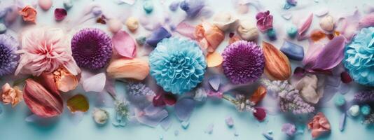 Watercolor illustration of colorful flowers on white background . Concept for banner and web. Generative AI photo