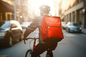 Food delivery riding ther bike in the city. Generative AI. photo