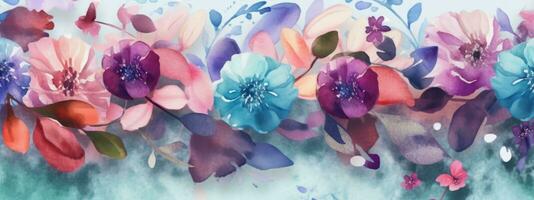 Watercolor illustration of colorful flowers on white background . Concept for banner and web. Generative AI photo