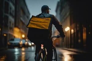 comida entrega montando El r bicicleta en el ciudad. generativo ai. foto