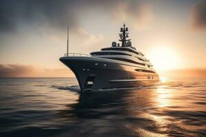 Front view of super Yacht at the sunset. Generative AI photo