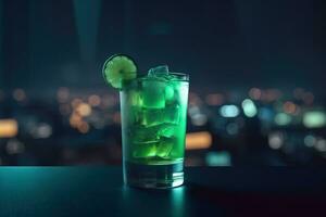 Green fruit cocktail with blurry city background. Generative AI. photo