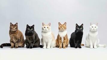 Group of mixed breed cats sitting in a row on white background. Domestic Animal Banner concept. Generative AI photo