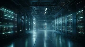 Interior of Data Center with multiple rows of server racks. Cloud computing, artificial neural intelligence, database, super computer technology concept. Generative ai photo