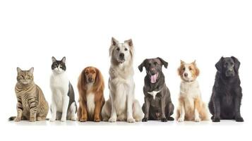 Group of mixed breed dogs and cat sitting in a row on white background. Domestic Animal Banner concept. Generative AI photo