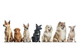 Group of mixed breed dogs sitting in a row on white background. Domestic Animal Banner concept. Generative AI photo