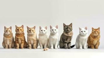 grupo de mezclado raza gatos sentado en un fila en blanco antecedentes. Doméstico animal bandera concepto. generativo ai foto