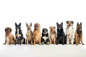 grupo de mezclado raza perros sentado en un fila en blanco antecedentes. Doméstico animal bandera concepto. generativo ai foto