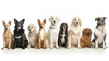 Group of mixed breed dogs sitting in a row on white background. Domestic Animal Banner concept. Generative AI photo