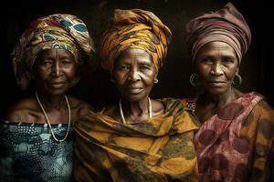 A group portrait of four generation African woman in traditional headdress. Generative Ai photo