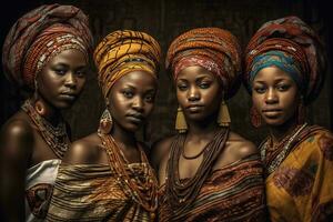 A group portrait of four generation African woman in traditional headdress. Generative Ai photo