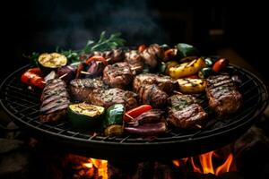 Image of a grill with hot coals and a variety of meats and vegetables cooking on top. Generative AI photo