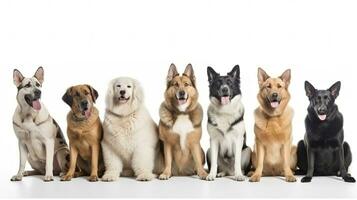 Group of mixed breed dogs sitting in a row on white background. Domestic Animal Banner concept. Generative AI photo