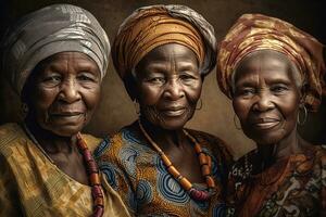 A group portrait of four generation African woman in traditional headdress. Generative Ai photo