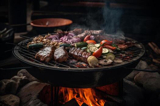 Image of a grill with hot coals and a variety of meats and vegetables cooking on top. Generative AI photo