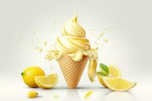 Melting Lemon ice cream. Key visual advertising design elements on white background. Generative Ai photo