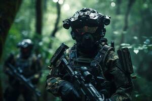 Special Forces Military Unit in full tactical gear , walking in the jungle.  Generative AI 31552479 Stock Photo at Vecteezy