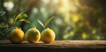 Lemons on a wooden table. Background with trees blurry. Concept advertisement banner. Generative AI photo