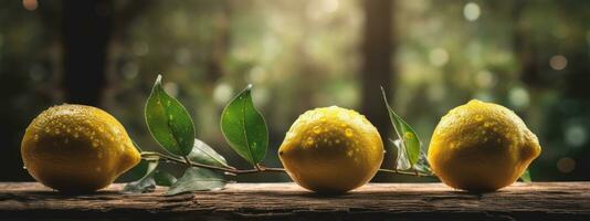 Lemons on a wooden table. Background with trees blurry. Concept advertisement banner. Generative AI photo