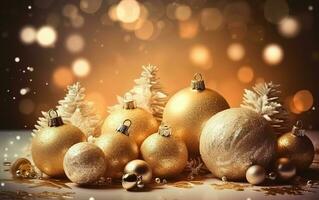 Christmas gifts, decoration with candles.Golden Christmas theme background. Concept Holiday Decorations. Generative AI. photo