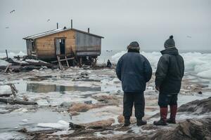 Melting Inuit villagers stand on the shore of an Arctic village, watching with sadness as their historic homes crack, floating away on the sea. They are refugees of climate change. Generative AI photo