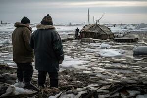 Melting Inuit villagers stand on the shore of an Arctic village, watching with sadness as their historic homes crack, floating away on the sea. They are refugees of climate change. Generative AI photo