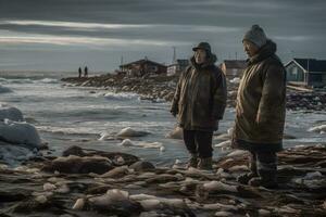Melting Inuit villagers stand on the shore of an Arctic village, watching with sadness as their historic homes crack, floating away on the sea. They are refugees of climate change. Generative AI photo