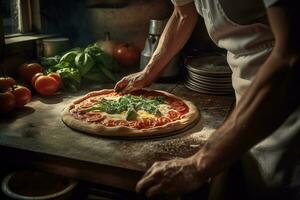 Pizza fabricante prepara un Pizza en un típico pizzería, Pizza margherita es Listo para cocinando, detrás él allí es el horno en, en el Pizza allí es albahaca, queso Mozzarella y tomate. generativo ai. foto