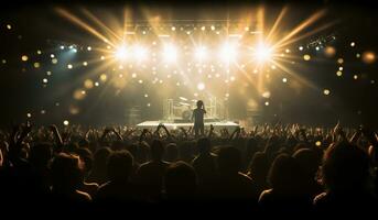 Silhouette of concert crowd in front of bright stage lights. Generative AI. photo