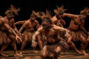 Native American performers in a Contest dance, bodies angled in profile as they paddle one leg and outstretch the other. Generative AI photo