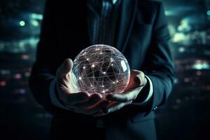 Close up hands of Businessman holding global network connection. Generative AI photo