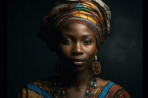 A portrait of African woman in traditional headdress. Generative AI photo