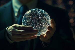 Close up hands of Businessman holding global network connection. Generative AI photo